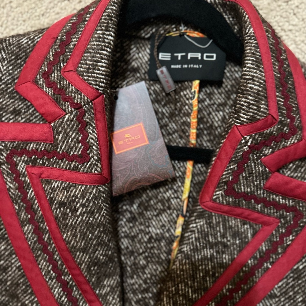 Women's Brown Herringbone Blazer with burgundy Trim Etro